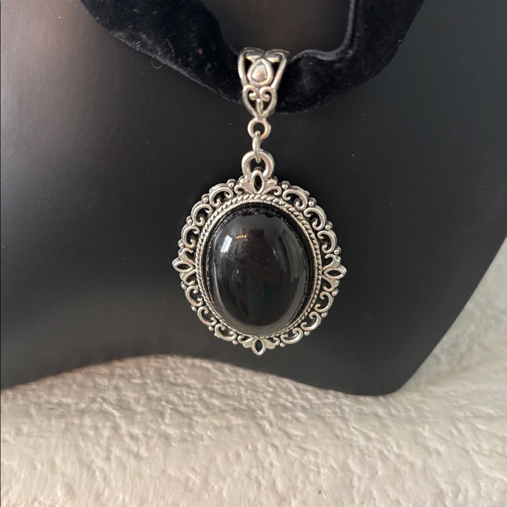 Black Velvet with Black Pendant 13” Choker Necklace - Picture 2 of 3